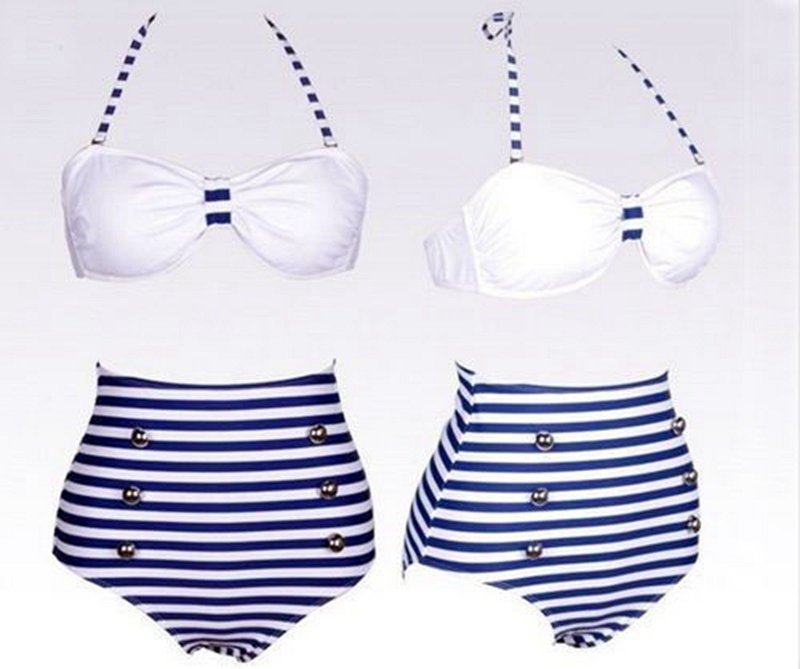 White&Blue Triangle Top Stripes Navy Style Design Bottom Bikini